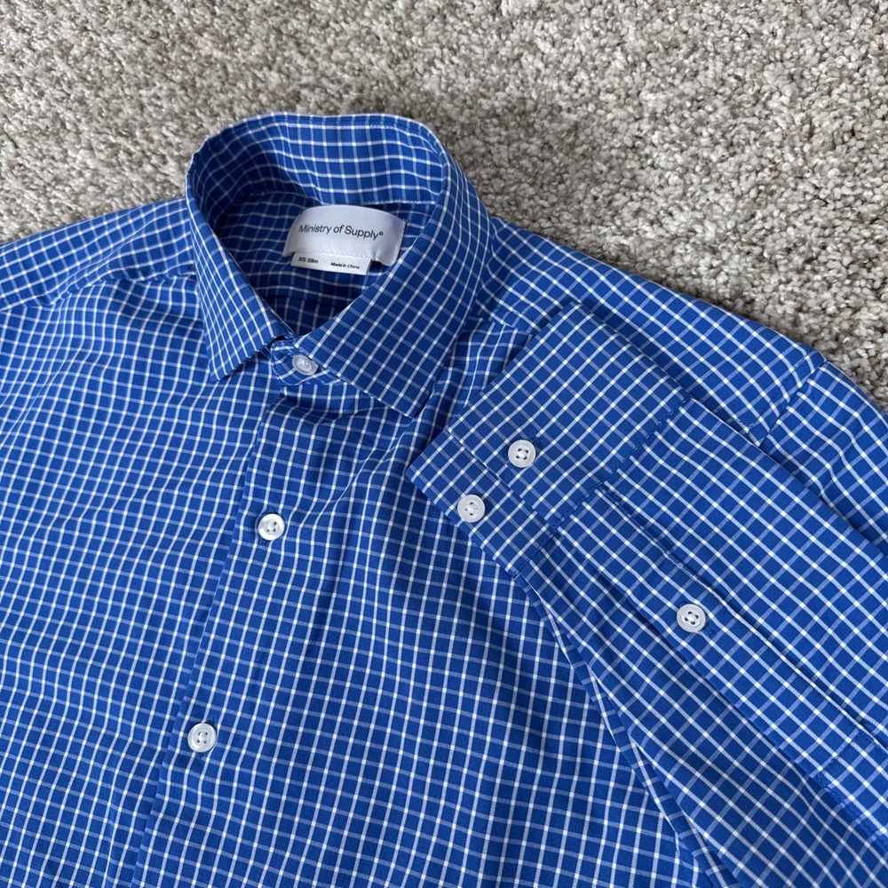 Ministry of Supply Shirt Mens XS Slim Blue‎ Grid Check Performance Button Down